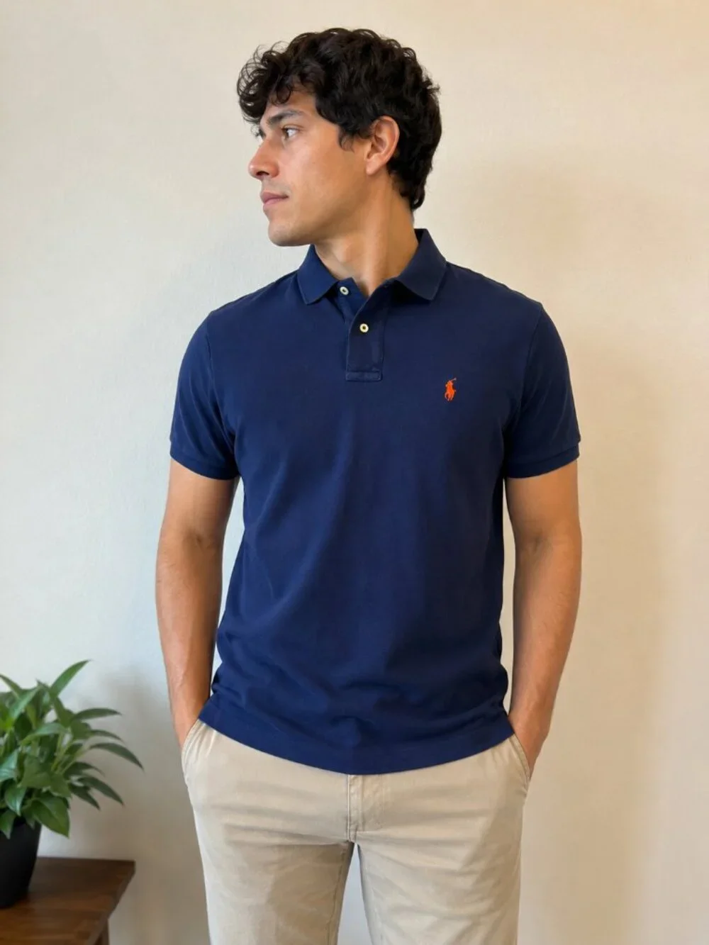 Polo Ralph Lauren Men's Navy Blue Polo Shirt Size M Orange Pony Cotton